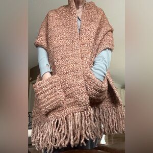 Hand Crafted  crocheted Orange knit wrap Sweater shawl with pockets